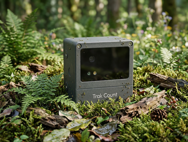 Trak Count trail counter deployed in a forest